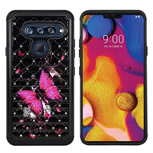 Zase Compatible with LG V40 ThinQ Phone Case Hybrid Dual Layer Protection Jewel Studded Rhinestone Shockproof Slim Hard Shell Sparkly Crystal Bling Diamond (Hot Pink Butterfly Flower)