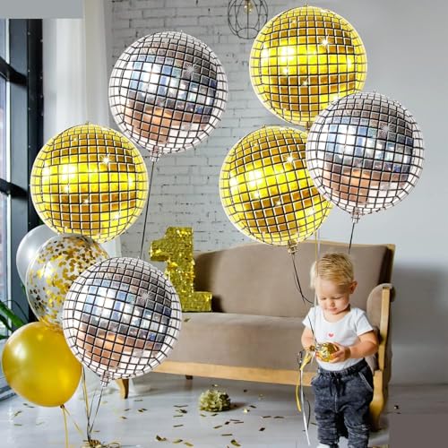 Image of 6 pcs 22Inch Disco Ball Ballons, 4D Large Foil Balloons for 70s Disco Dance Birthday Graduation New Year (Silver /Gold Disco Ball 6pcs)