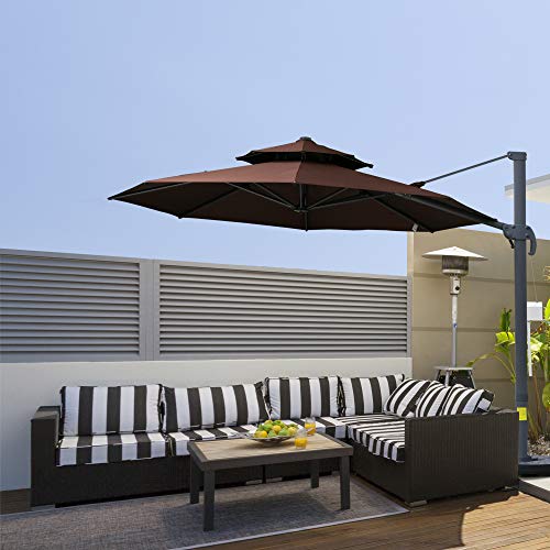 Outsunny 11ft Cantilever Patio Umbrella with Base, Double Top Hanging Aluminum Offset Umbrella with 360° Rotation, Easy Tilt, 8 Ribs, Crank, Cross Base for Backyard, Brown