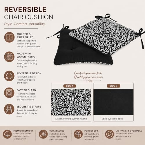 Image of Pack of 2 Washable Weaved Seat Cushions with Micro Fiber Filler & Ties, Size 16 x 16 Inches | 40 x 40 cm for Sitting, Pooja, Dining Table, Outdoor Black Animal, 40x40 CM