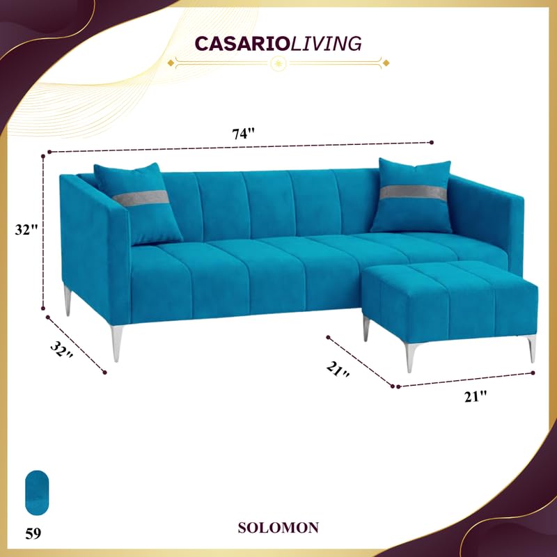 Image of Solomon 4 Seater L Shape Sofa Set with Movable Ottoman | Flexible Left or Right Layout | Luxe Velvet Suede Fabric | Comfortable Seating | Modern Sofa for Living Room - Aqua Blue