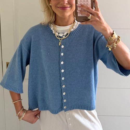 Women Y2k Cute Summer Knitted Cardigan Shirt Vacation Cover up Tops Short Sleeve Button Down Oversized Crop Tops2