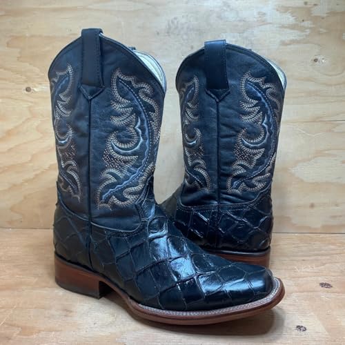 Men’s Genuine Leather Exotic Pirarucu Fish Print Square Toe Cowboy Western Boots - Black4