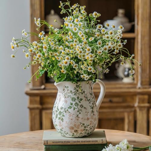 Ceramic Green and White Floral Vase with Handle, Rustic Farmhouse Pitcher Flower Vase, Chinoiserie Floral Vase for Home Decor, Living Room, Shelf, Office, Rustic Table Centerpiece 8 Inch