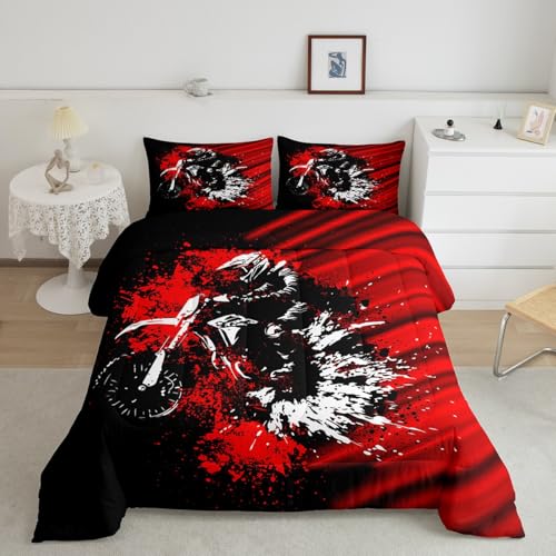 Image of Feelyou Kids Ombre Dirt Bike Duvet Insert Queen Size, Motocross Comforter Set Boys Girls Extreme Sports Bedding Set Teens Bedroom Decor Microfiber Bed Set
