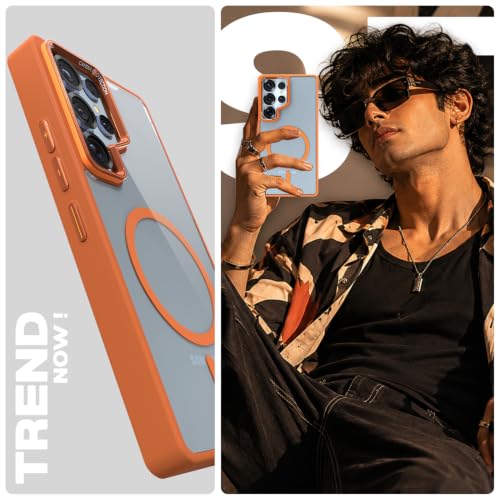 Image of Pikkme Back Cover for Samsung Galaxy S25 Ultra 5G | Shockproof | Mag-Safe Compatible | Hard Transparent Back | Premium Raised Camera Protection | Bumper Case (Orange Mag-Safe)