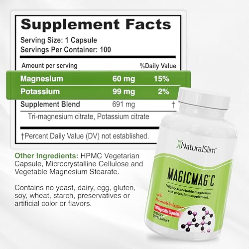 MagicMag C by NaturalSlim, Magnesium Citrate with Potassium for Muscle Relaxation, Sleep Quality, Nerve Function & Electrolyte Support, Daily Magnesium Supplement for Men and Women, 100 Capsules 2pk