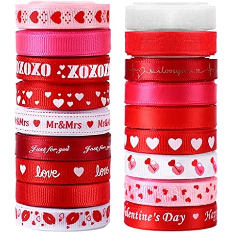 SANNIX 18 Rolls 90 Yards Valentine’s Day Ribbons Printed Grosgrain Satin Ribbons 3/8″ Wide DIY Craft Fabric for Valentines Wedding Anniversary Decorations Gift Wrapping Cover