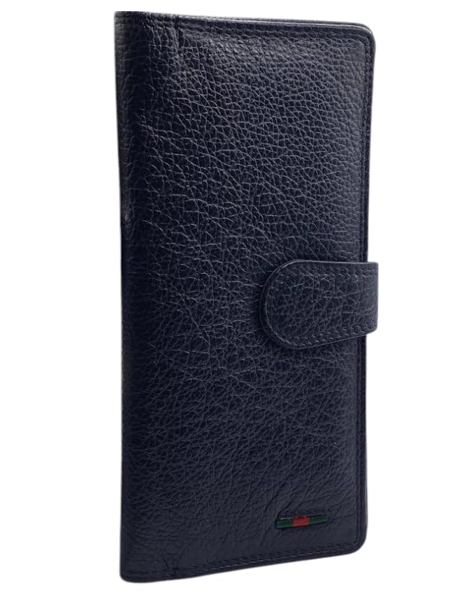 Portefeuille fin en cuir véritable bleu marine pour femme avec protection anti-RFID classique