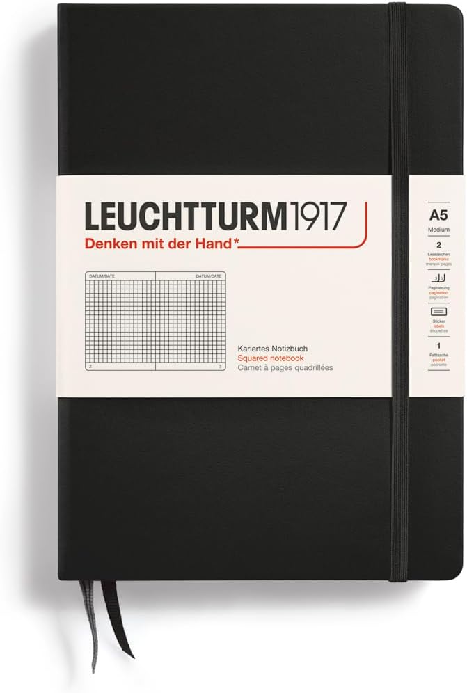 LEUCHTTURM1917 Notebook Medium (A5), Hardcover, 251 numbered pages Black, Squared