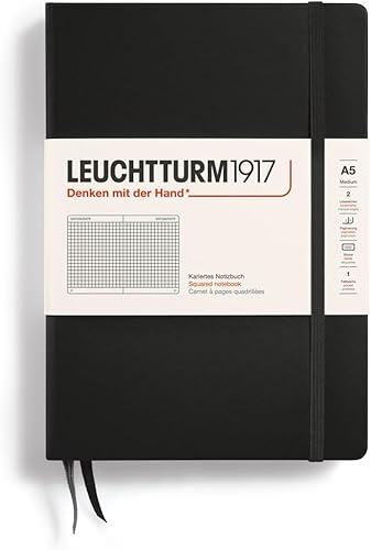 Leuchtturm1917 Diario cuadriculado mediano con tapa dura, Negro