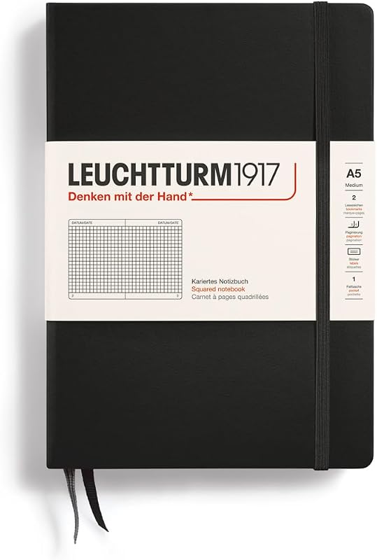 LEUCHTTURM1917 - Cuaderno Tapa Dura Mediano A5-251 Páginas Numeradas para Escritura y Diario (Negro, Cuadrado)