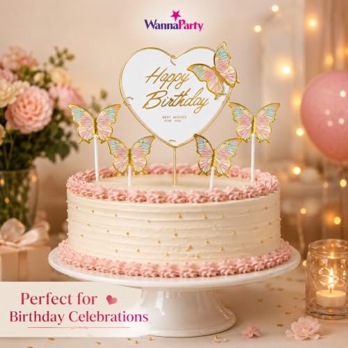 Image of Wanna Party Happy Birthday Cake Topper with Multicolor Butterflies, 5 Pcs Butterfly Cake Decoration Set for Birthday Cake, Cupcake, Dessert Table, Party Decor & Celebration Supplies