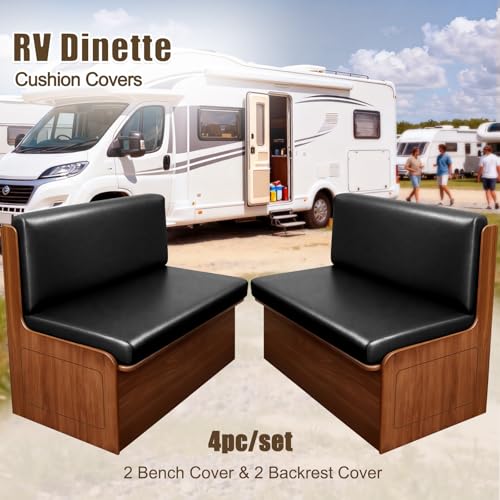 Image of SearchI PU Leather RV Dinette Cushion Covers, Stretch Camper Cushion Slipcovers for Travel Trailer Couch RV Booth Seat, Replacement Camper Sofa Chair Protector(2 Backrest Cover & 2 Bench Cover, Black)