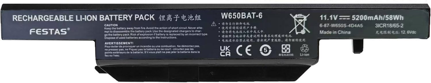 FESTAS 11.1V 5200mAh W650BAT-6 Batterie Compatible avec Clevo W650 W650S | W650SC W650SH W650SJ W650SR W650SZ W670SJQ Hasee K610C K650D Series 6-87-W650-4E42 6-87-W650S-4D4A3