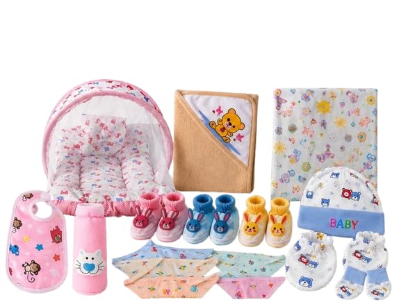 Complete Baby Care Combo Kit, Multicolour, Includes Mosquito Net Bed, Booties, Cap, Mittens, Bibs, Blanket and Towel-image-43