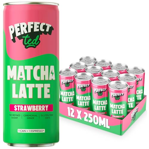PerfectTed Erdbeere Matcha Latte RTD Zeremonielle Matcha-Qualität 12 x 250-ml-Dosen Fertiggetränk mit Glutenfreiem Hafer | Sanft & Cremig | Milchfrei