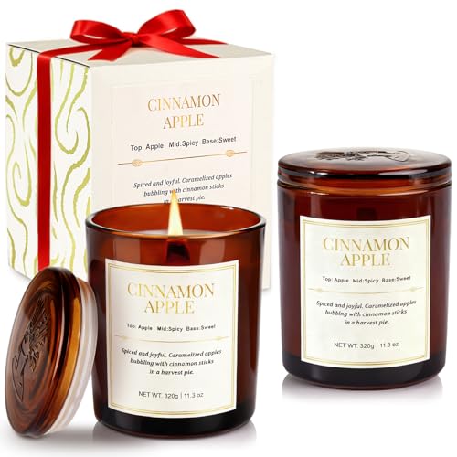 Scented Candles for Home 2 Pack Wood Wick Cinnamon Apple Scented Candles Long Lasting Natural Soy Wax Candles with Gift Boxes Cozy Aromatherapy Candle for Home Decor