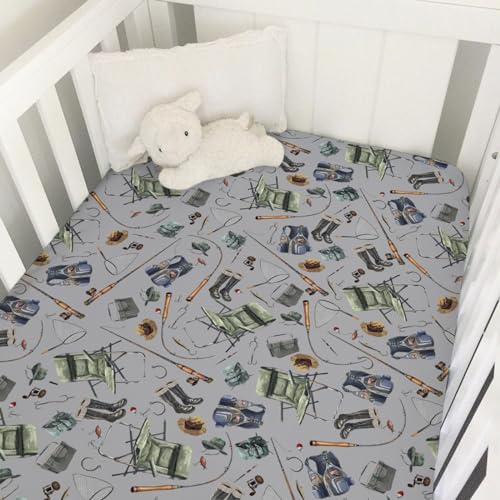 Image of Fishing Baby Crib Sheets 52''x28'' - Snug Fitted Mattress Sheet for Boy Girl Nursery Bedding Decor - Soft Sheets for Standard Crib and Toddler Mattresses - Fishing Lovers Gift