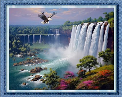 Image of DMCVIVR Stamped Cross Stitch Kits for Beginners Adults Needlepoint Kits for Beginners Embroidery Kits for Adults Crossstitch Kit for Beginners 11CT-Waterfall Eagle 16x20 inch