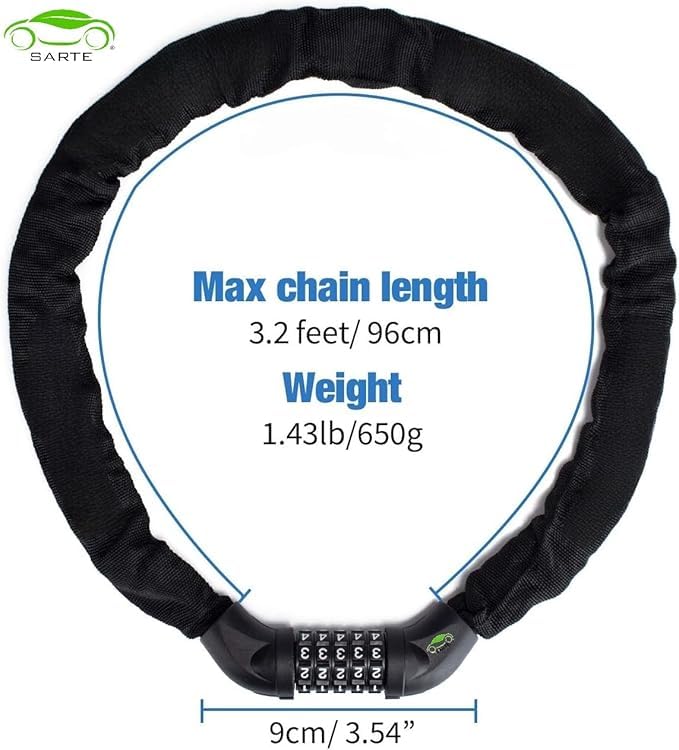 Image of Bike Lock: 5 Digit Combination Bike Chain Lock High Security Anti Theft - 3.2ft (0.97m) Heavy Duty Bicycle Lock for Bike Scooter - 6mm Thick