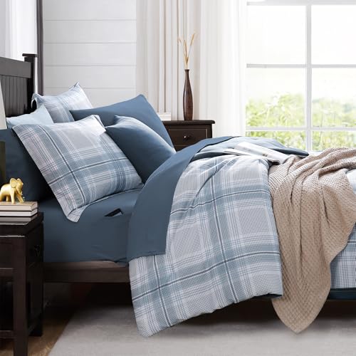Image of MaiReve Plaid Full Comforter Sets, Light Blue Grid Farmhouse Bedding Set Bed in A Bag, Classic Checkered Comforter Sets with Fitted & Flat Sheet, Pillowcases & Shams(Light Blue, 80 inchx90 inch)