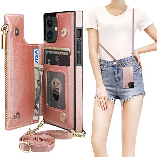 Bocasal Crossbody Wallet Case for iPhone 12 Mini with Card Holder,Zipper Card Slot Protector Shockproof Purse Cover with Removable Cross Body Strap 5.4 Inch(Rose Gold)