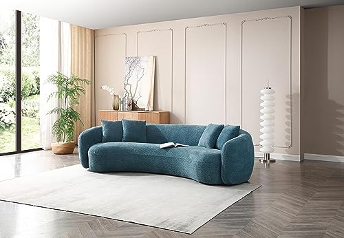 Image of KEIKI 103 inch Boucle Half Moon Curved Sectional Sofa with 4 Throw Pillows, Modern 5-Seater Teddy Fleece Leisure Couch with Curved Backrest, Easy Assembly, for Apartment, Living Room, Bedroom, Blue