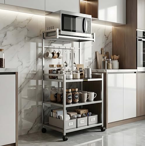 Image of Premium 4 Tier Heavy Duty Microwave Rack with Wheels | Metal Kitchen Organizer Stand for Oven, Air Fryer & OTG (MS 4 Silver)