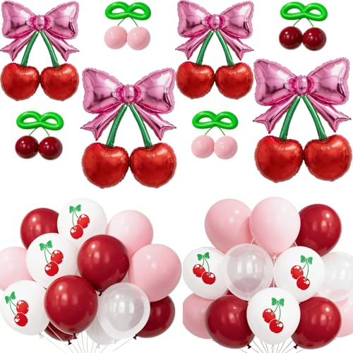 Bonropin 76pcs Pink Bow Red Cherry Balloons with Red Pink Cheery Print Balloon for Shes The Cherry On Top Party Foil Balloon Berry First Birthday Decorations Baby Shower Bridal Wedding Party Supplies