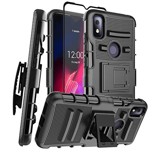 Aoways for T-Mobile RevvL 4 Case [Tempered Glass Screen Protector], Belt Clip Holster with Kickstand Military Grade Shockproof Case for T-Mobile RevvL 4 (6.2 inch) - Black