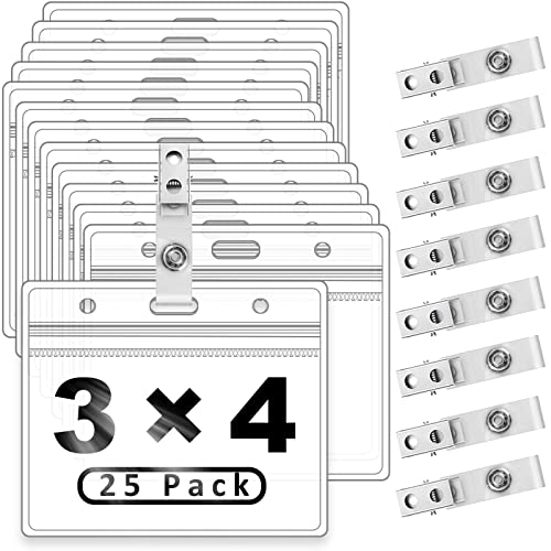 Clear Plastic Horizontal Name Tag Holders And Metal Badge Clips With Vinyl Straps Waterproof Pvc Id Card Badge Holder 3X4 Inch By Zhegui (25 Pack, Horizontal Large 3X4) #TOP4