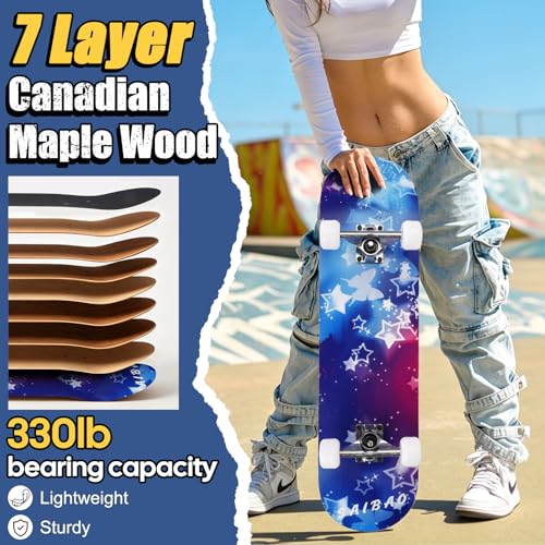 Image of Skateboards for Beginners Adults Youths Teens Kids Girls Boys 31 Inch Pro Complete Skate Boards 7 Layer Canadian Maple Double Kick Concave Longboards