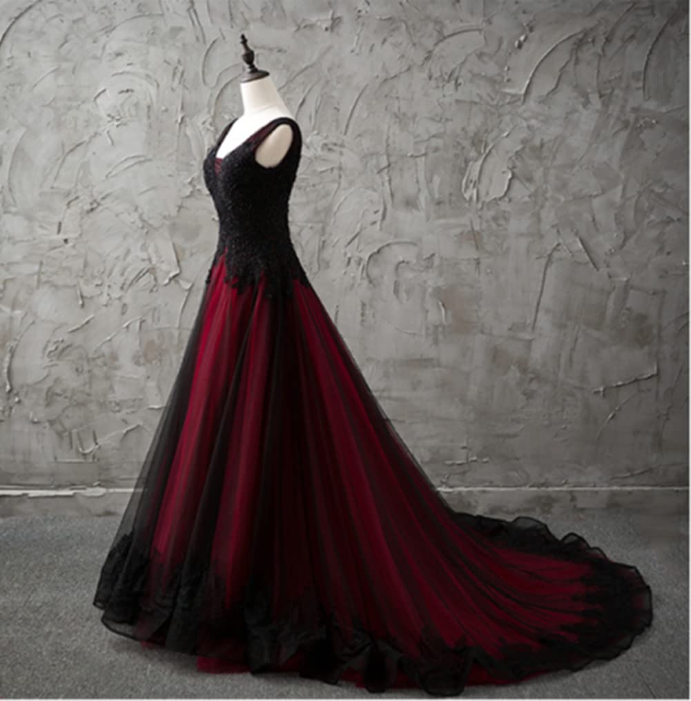 Damen Applikation Gothic Brautkleid V-Ausschnitt A-Linie Brautkleid mit Schleppe