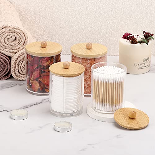 Image of Tbestmax 4 Pcs Qtip Holder Dispenser for Cotton Ball, Cotton Swab, Floss - 10 oz, 12 oz Clear Apothecary Jars with Bamboo Lids, Restroom Bathroom Organizers and Storage Containers