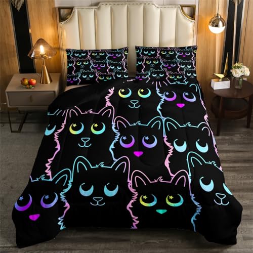 Image of Feelyou Kids Cat Bedding Sets King Size,Gradient Line Cute Cat Comforter Set for Teens Boys Girls Adults Kawaii Animal Home Decor, All Season,2 Pillow Cases,Black