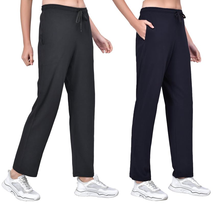 Image of Fflirtygo Cotton Solid Track Pant /Lounge Wear /Pocket Payjama �100% Export Quality Soft Cotton Night Wear /Pocket Pyjama for Women Combo Pack, Black & Blue Pyjama
