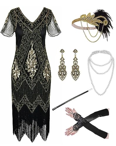 Image of 866A - 1920s Vintage Fringed Gatsby Sequin Beaded Tassels Hem Flapper Party Prom Cocktail Dress with Accessories