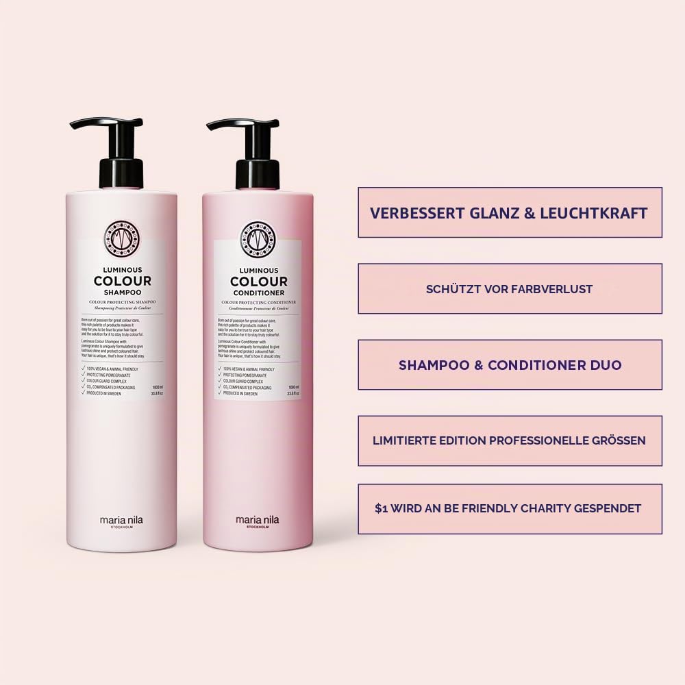 Maria Nila Shampoo und Conditioner Set für coloriertes Haar Farbschutz - Luminous Colour Duo Bundle Haarpflege Set mit Granatapfel und Colour Guard Complex, vegan, sulfat- und parabenfrei, 2x 500ml