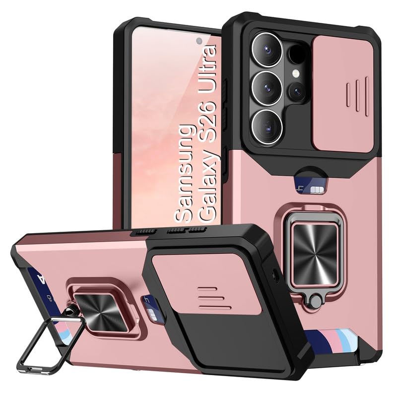 Image of LuxuryKase Shockproof Armor Case for Samsung Galaxy S26 Ultra | Slide Camera Cover | Hidden Card Slot | Rotating Ring Kickstand | Magnetic Car Mount Support | Military Grade Protection - Rose Gold