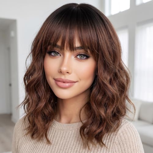 Image of AISI HAIR Bob Curly Wig with Bangs Short Wavy Wigs for Women