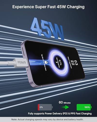 Image of FEDUS ZETTA-X8I 45W Type C to Type C Cable 1M, 5A PD PPS Super Fast Charging 2.0 Original for Samsung Galaxy S26 /S25 /S24 Ultra, iPhone 17 /16 /15 Pro, MacBook M4, 480Mbps Android Auto Data Sync Cord