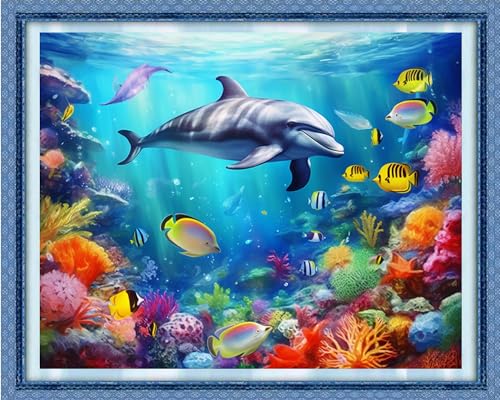 Image of Dimxvean Stamped Cross Stitch Kits,Cross Stitch Kits for Adults Beginners,Embroidery Kits Full Range of Cross Stitch Stamped Kits Needlepoint Kits Cross Stitch Patterns-Underwater World 16x20 inch