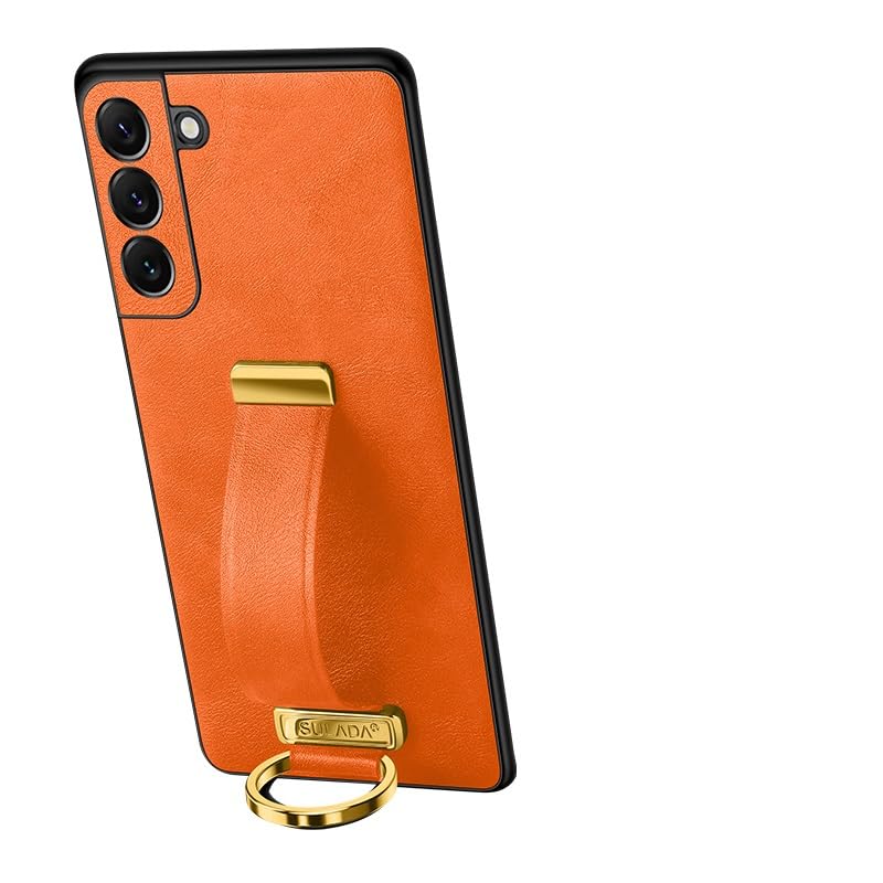 Coque Samsung S24 avec bracelet support orange anti-choc en similicuir