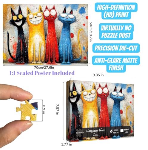 Rompecabezas para adultos de 1000 piezas, Gatos Neon Traviesos, difícil y desafiante - Sin polvo, letras en la parte posterior, póster 1:1, juego familiar y decoración (27.6"X19.7") miniatura 5