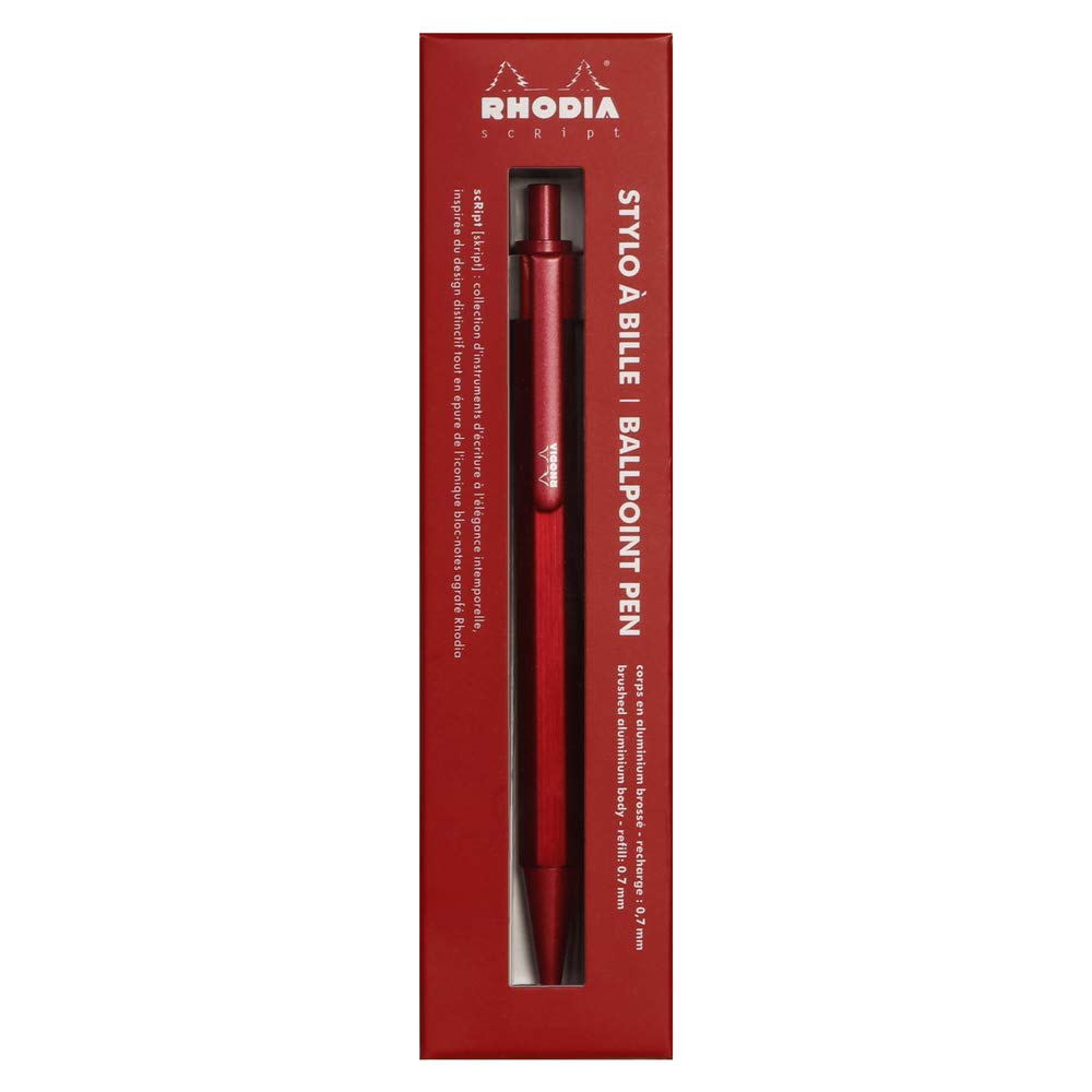 RHODIA 9384C - Stylo-Bille Rechargeable scRipt Corps Hexagonal en Aluminium Brossé - Rouge - Pointe Rétractable à Bille Haute Précision 0,7 mm, Encre Noire - Collection scRipt