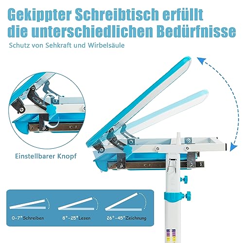 GOPLUS Escritorio infantil de altura ajustable con silla, altura ajustable e inclinable, diseño ergonómico con cajón, a partir de 4 años (azul) - imagen 5