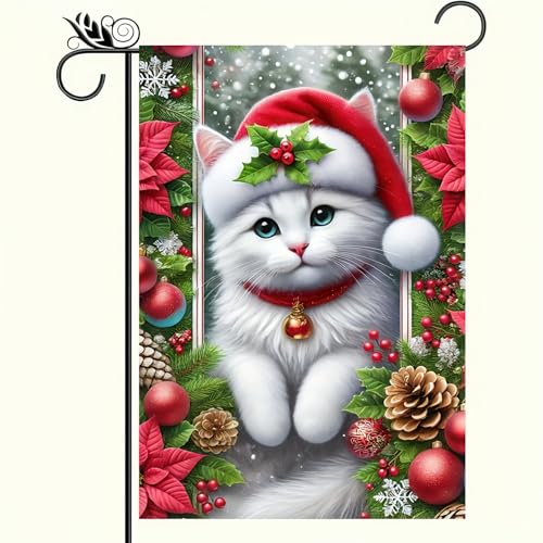 Image of BlissYard Garden Flag Cat Red Hat Winter 12x18 Inch Polyester