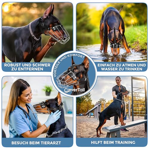 CleverTail Metall-Maulkorb für Dobermänner – Körbchen-Maulkorb gegen Bellen und Beißen – Stahl-Draht-Maulkorb für mittelgroße und große Hunde wie Dobermann, Collie, Malinois, Husky