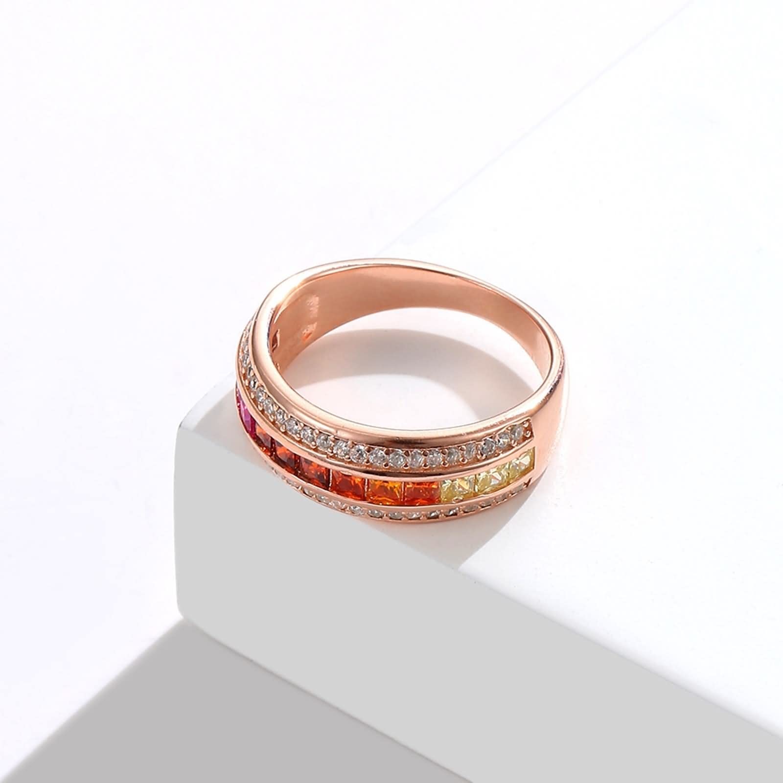WXKAGF Eheringe für Damen im Vintage-Stil, Vintage-Ringe aus Sterlingsilber, DREI Reihen Regenbogen mit Zirkonia